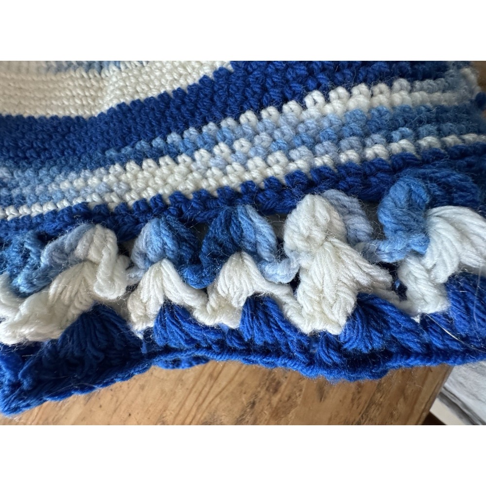 Handmade Crochet Afghan Throw Blue White Artisan Ruffle Shell Border 60 X 72" in - Picture 12 of 13